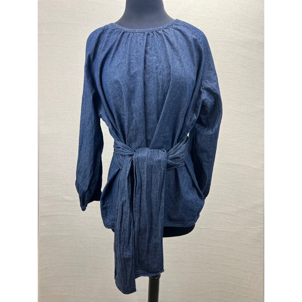 Eloquii Womens Size 16 Dramatic Peplum Denim Wrap Tie Waist Tunic Blouse - Picture 13 of 15
